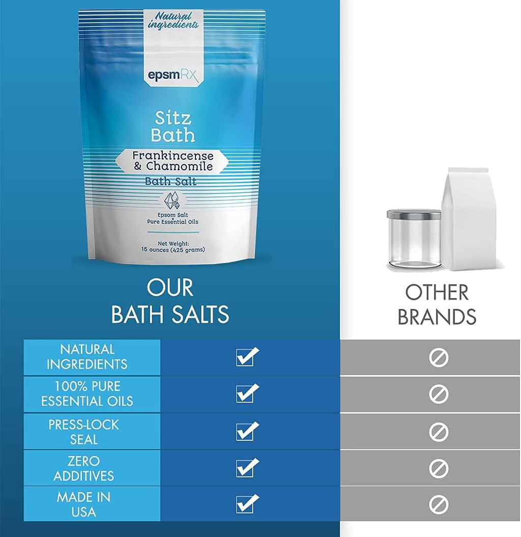 Sitz Bath Salt 15 Ounces Epsom Salt Bath Soak Small Travel Pouch Made with Natural Frankincense and Chamomile Essential Oils Made in USA