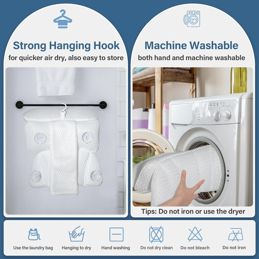 Bath Pillow Bathtub Pillow for Tub Luxury Bath Tub Pillows for Tub Neck and Back Support with 4D Air Mesh Fabric and 8 Strong Powerfull Non-Slip Suction Cups Relaxing Bath Accessories Spa Gifts, White