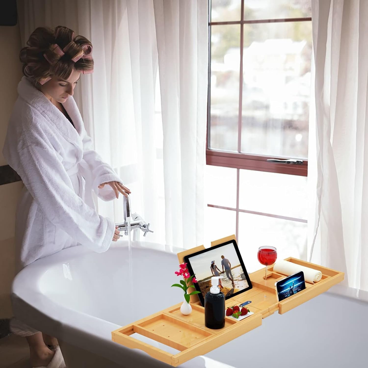 Premium Expandable Bamboo Bathtub Tray Caddy - Fits Most Bath Tubs
