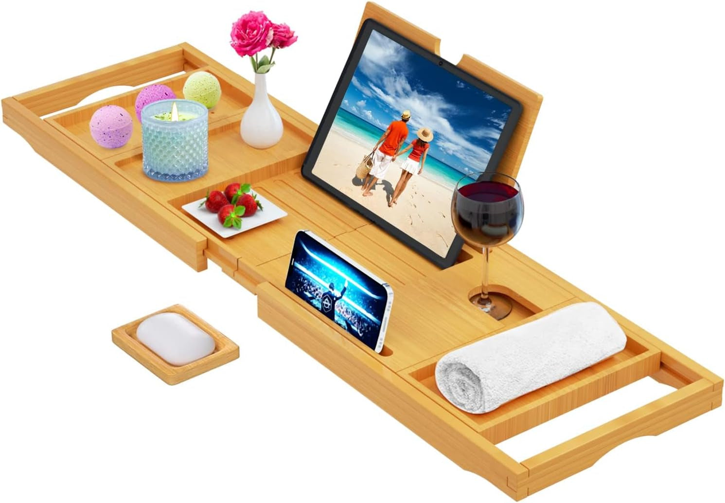 Premium Expandable Bamboo Bathtub Tray Caddy - Fits Most Bath Tubs