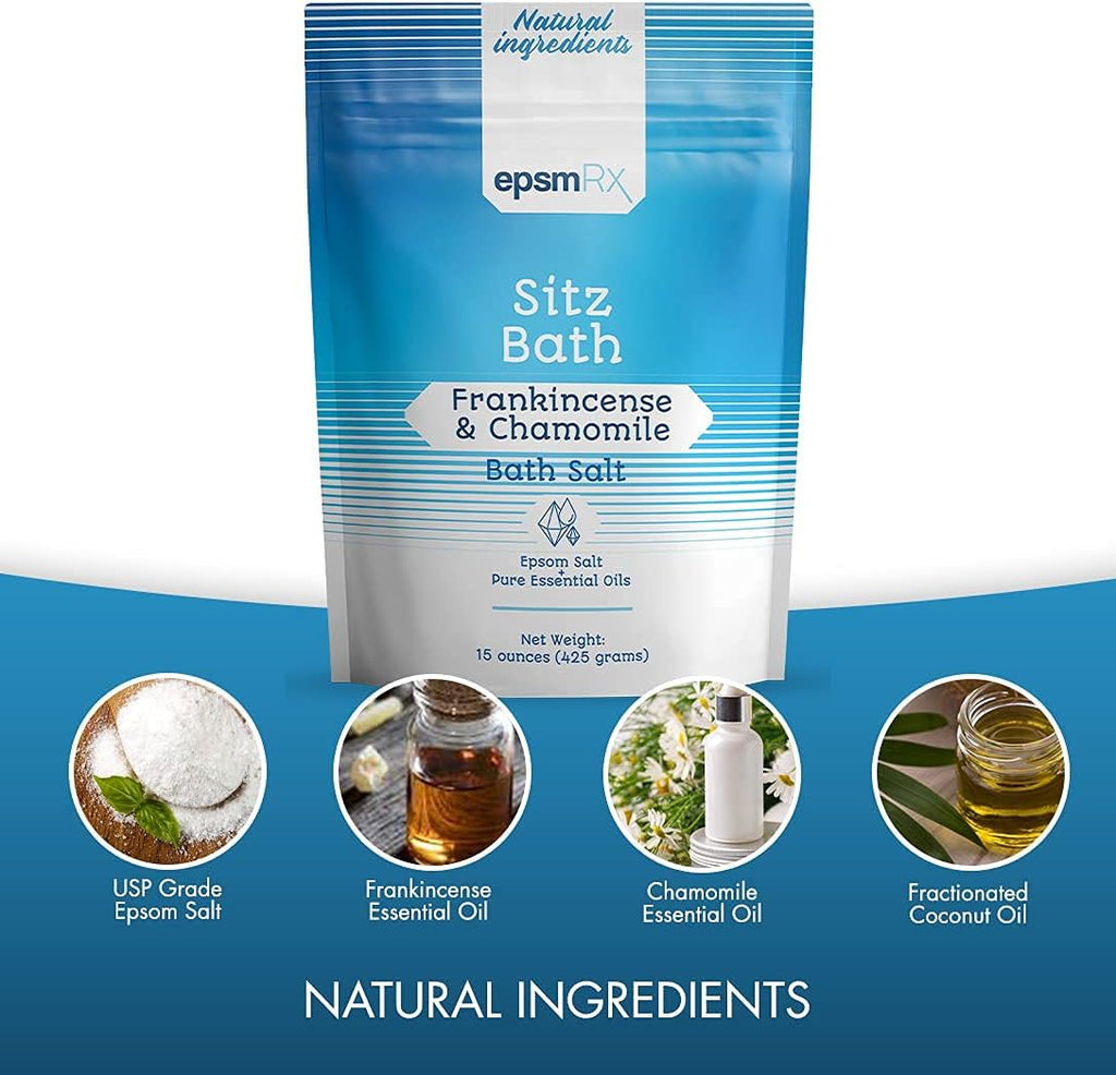 Sitz Bath Salt 15 Ounces Epsom Salt Bath Soak Small Travel Pouch Made with Natural Frankincense and Chamomile Essential Oils Made in USA