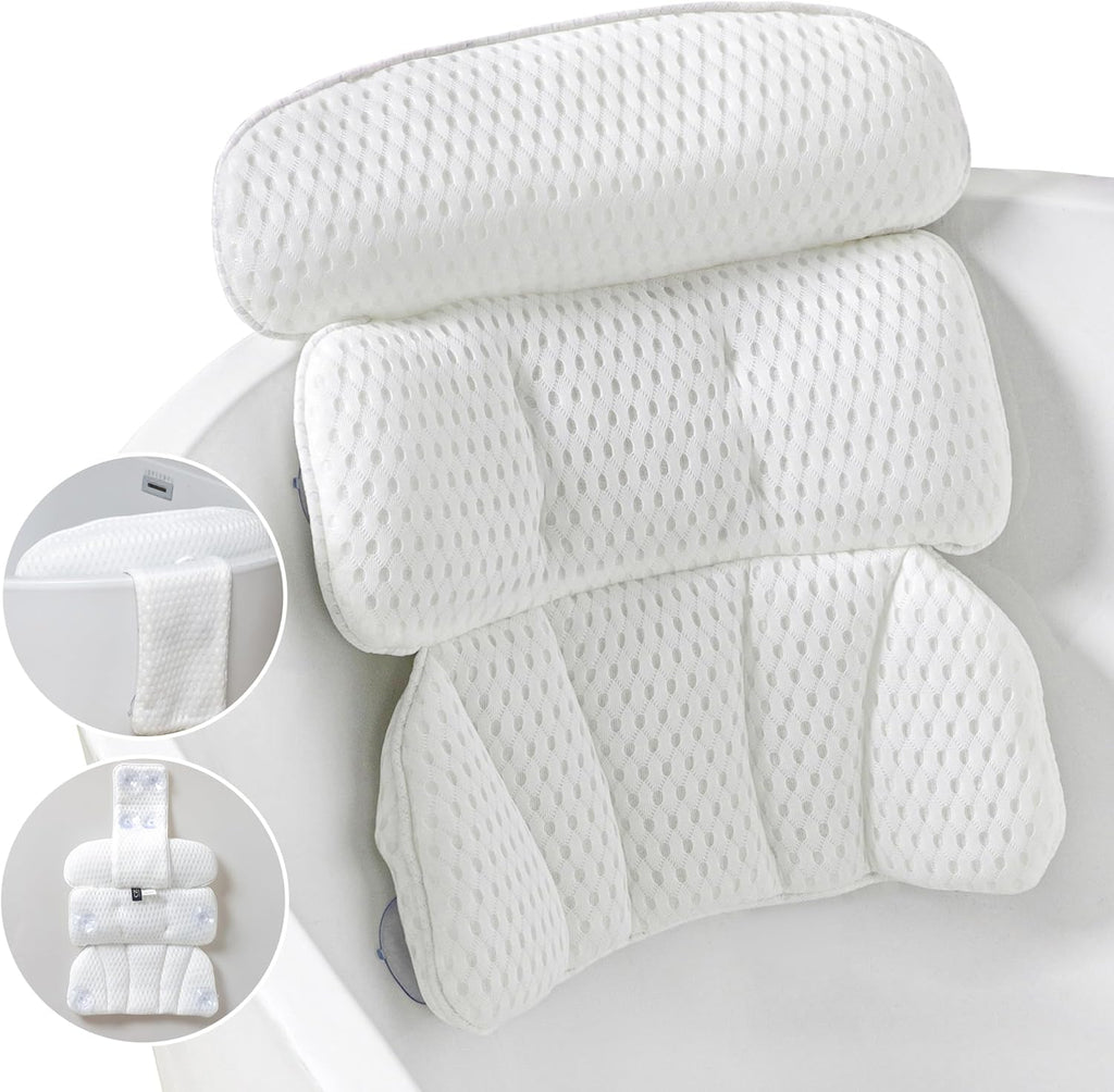 Bath Pillow Bathtub Pillow for Tub Luxury Bath Tub Pillows for Tub Neck and Back Support with 4D Air Mesh Fabric and 8 Strong Powerfull Non-Slip Suction Cups Relaxing Bath Accessories Spa Gifts, White
