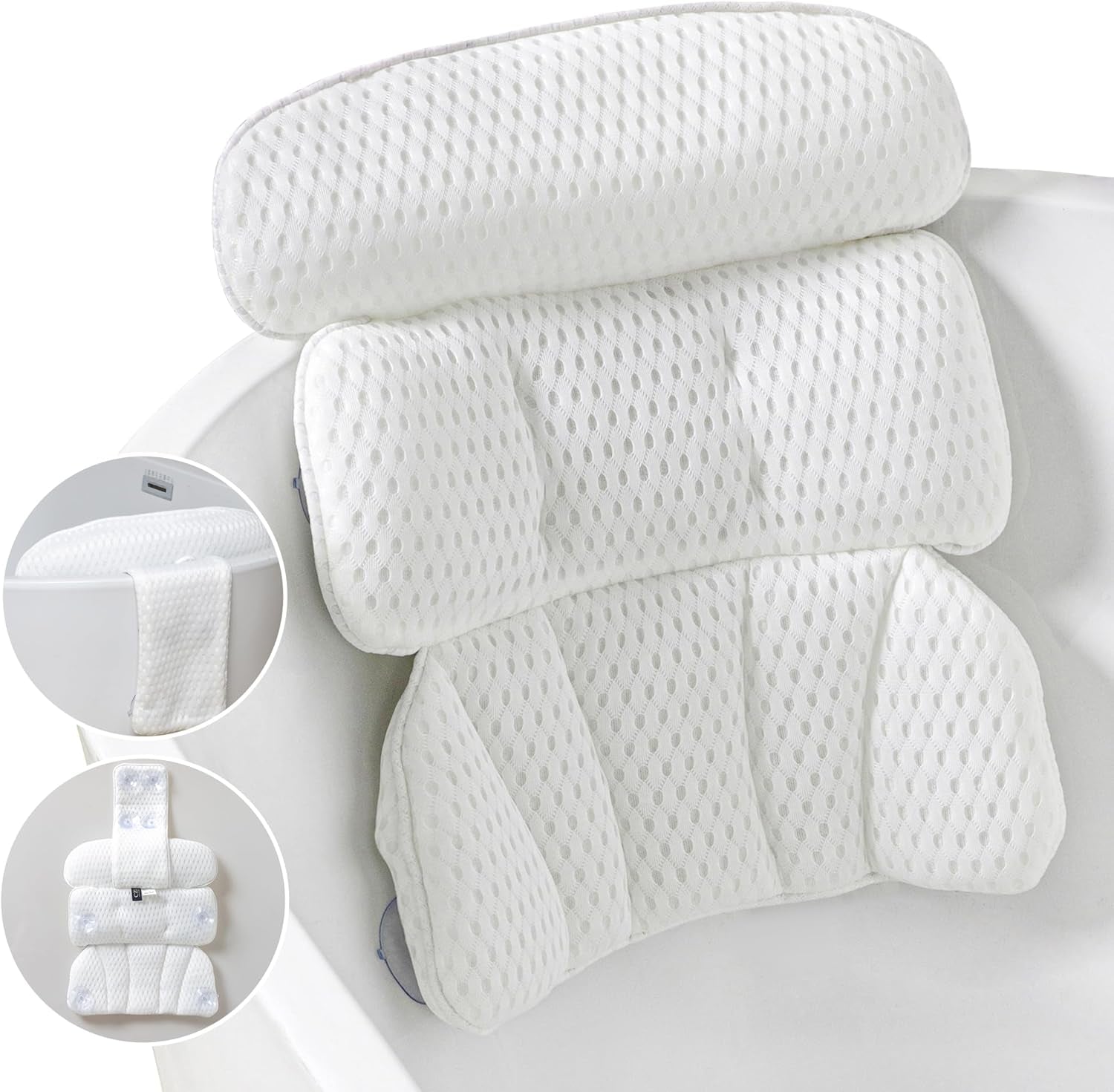 Bath Pillow Bathtub Pillow for Tub Luxury Bath Tub Pillows for Tub Neck and Back Support with 4D Air Mesh Fabric and 8 Strong Powerfull Non-Slip Suction Cups Relaxing Bath Accessories Spa Gifts, White