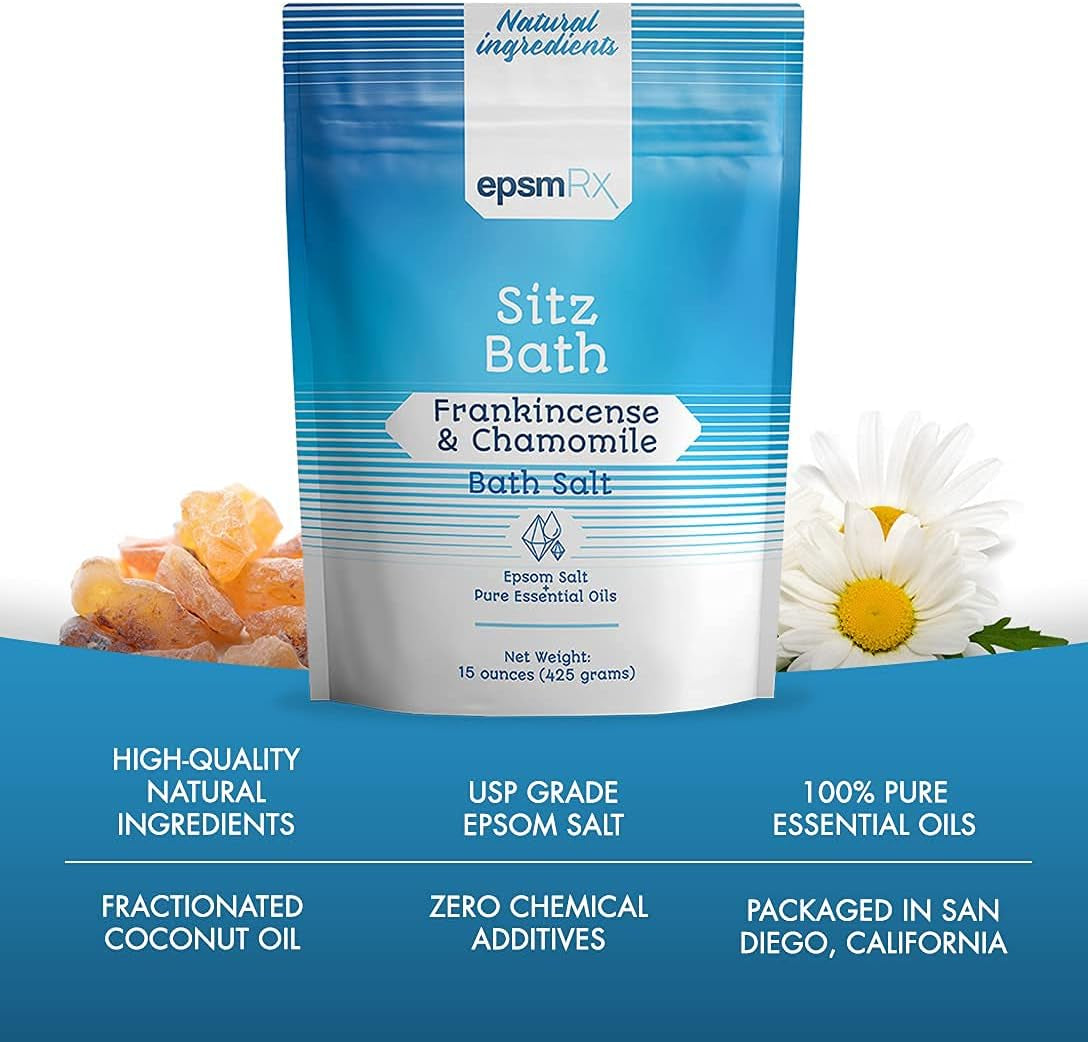 Sitz Bath Salt 15 Ounces Epsom Salt Bath Soak Small Travel Pouch Made with Natural Frankincense and Chamomile Essential Oils Made in USA