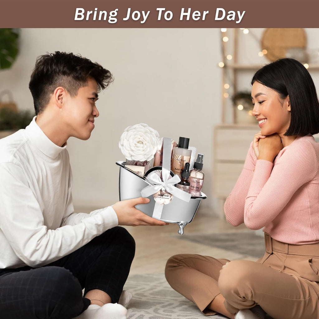 Spa Gift Baskets for Women - Luxury Bath Set with Coconut & Vanilla - Spa Kit Includes Body Wash, Bubble Bath, Lotion, Body Butter, Soap, Body Spray, Shower Puff, and Towel