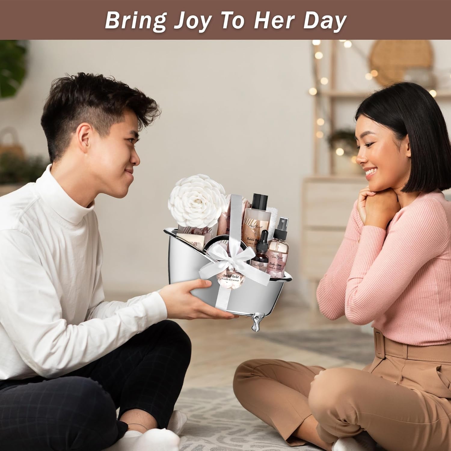 Spa Gift Baskets for Women - Luxury Bath Set with Coconut & Vanilla - Spa Kit Includes Body Wash, Bubble Bath, Lotion, Body Butter, Soap, Body Spray, Shower Puff, and Towel