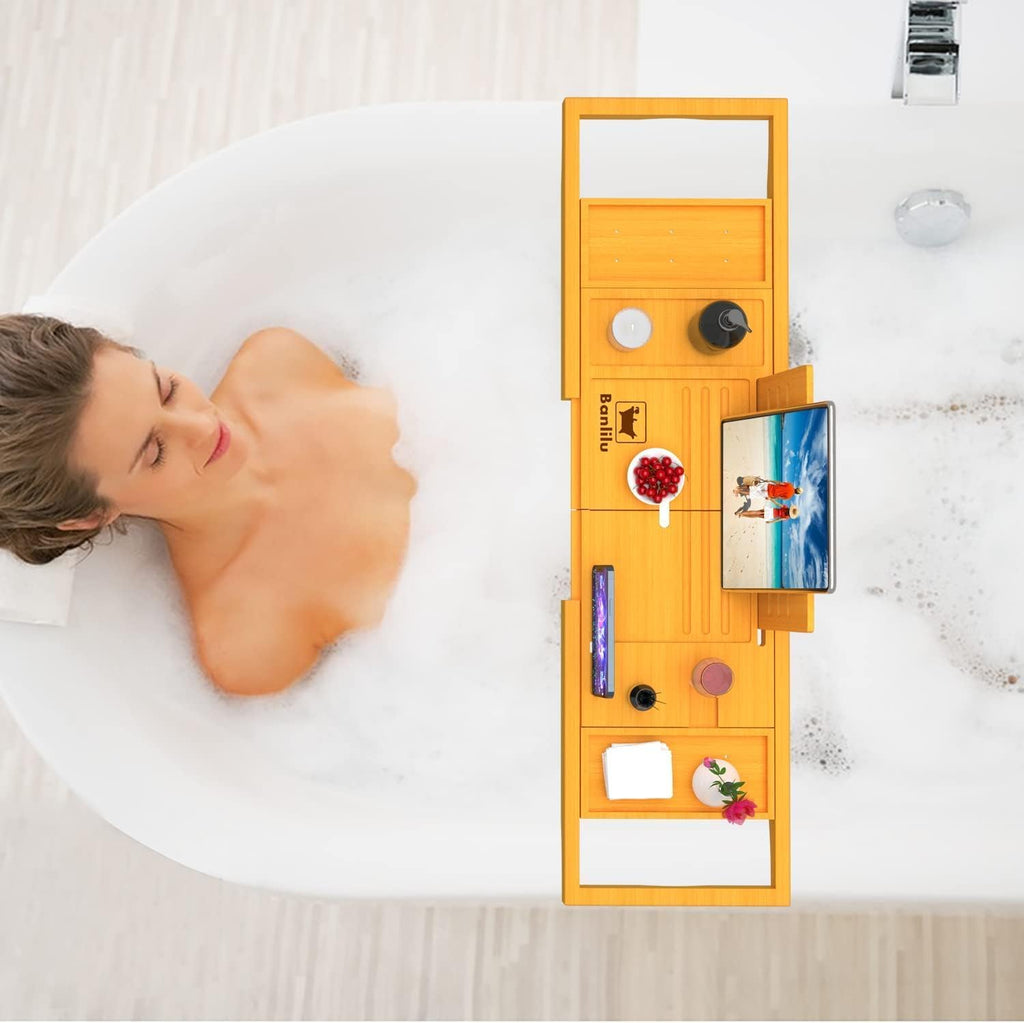 Premium Expandable Bamboo Bathtub Tray Caddy - Fits Most Bath Tubs