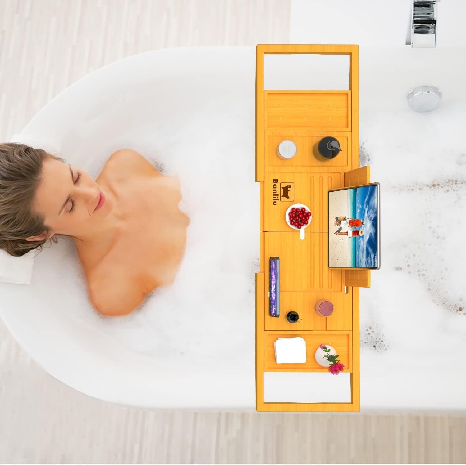 Premium Expandable Bamboo Bathtub Tray Caddy - Fits Most Bath Tubs