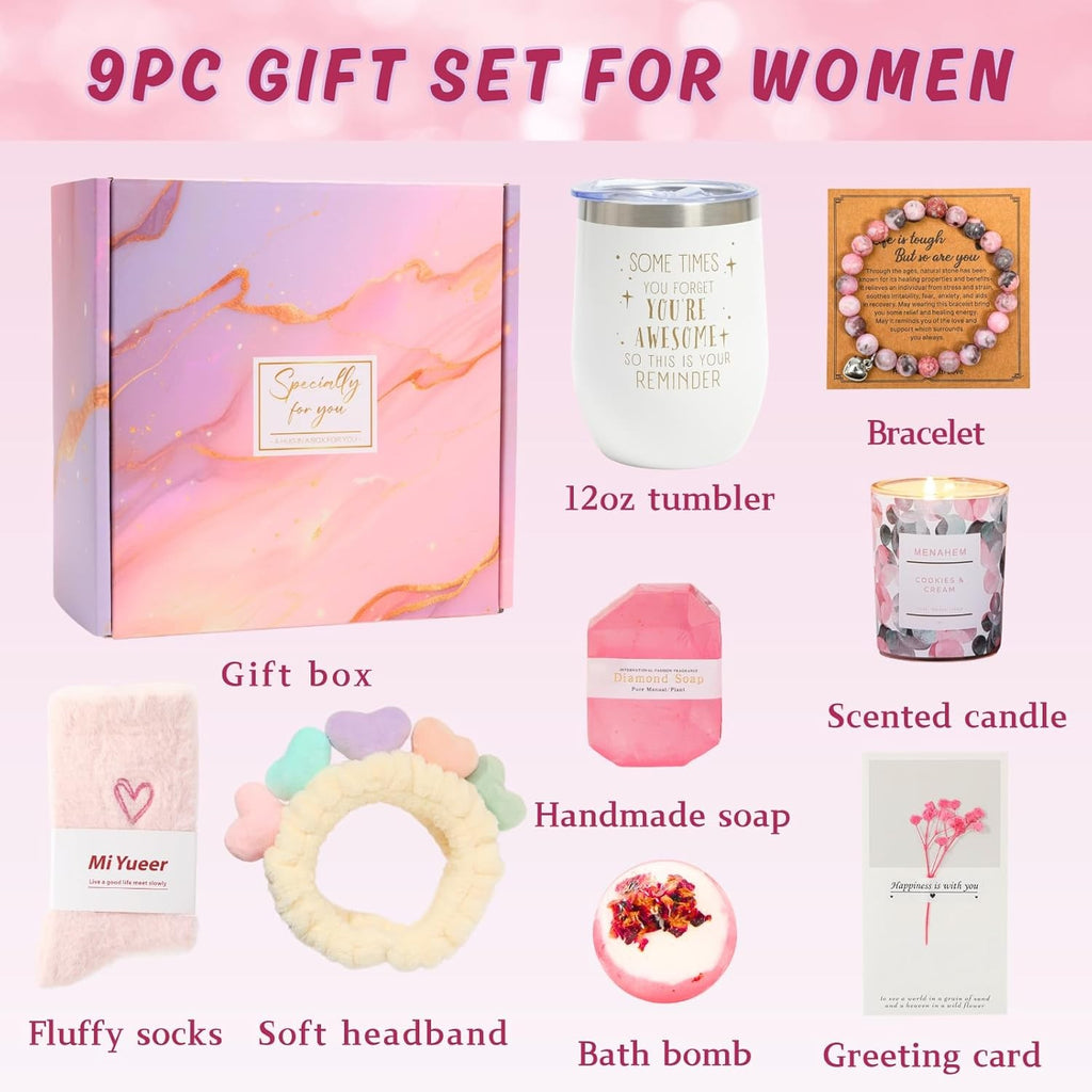 Happy Birthday Gifts for Women, 9Pc Get Well Baskets, Pink Self Care Package