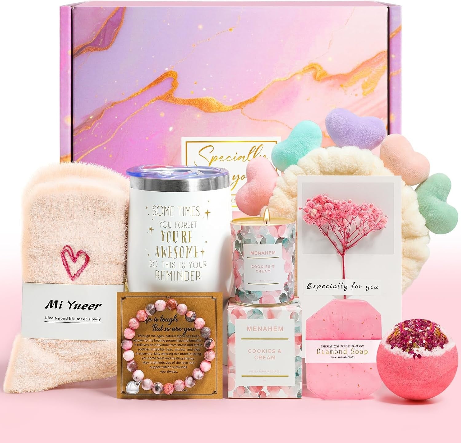 Happy Birthday Gifts for Women, 9Pc Get Well Baskets, Pink Self Care Package