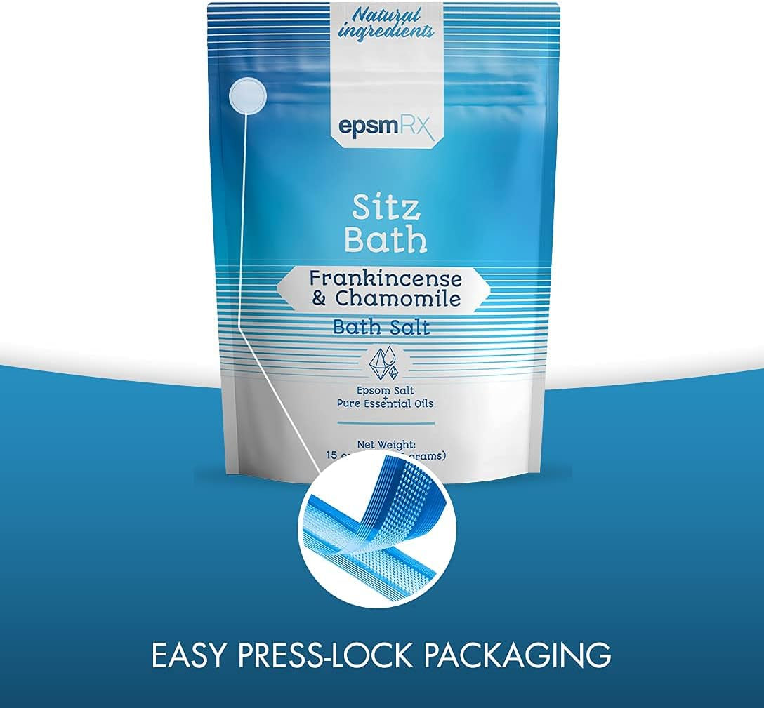 Sitz Bath Salt 15 Ounces Epsom Salt Bath Soak Small Travel Pouch Made with Natural Frankincense and Chamomile Essential Oils Made in USA