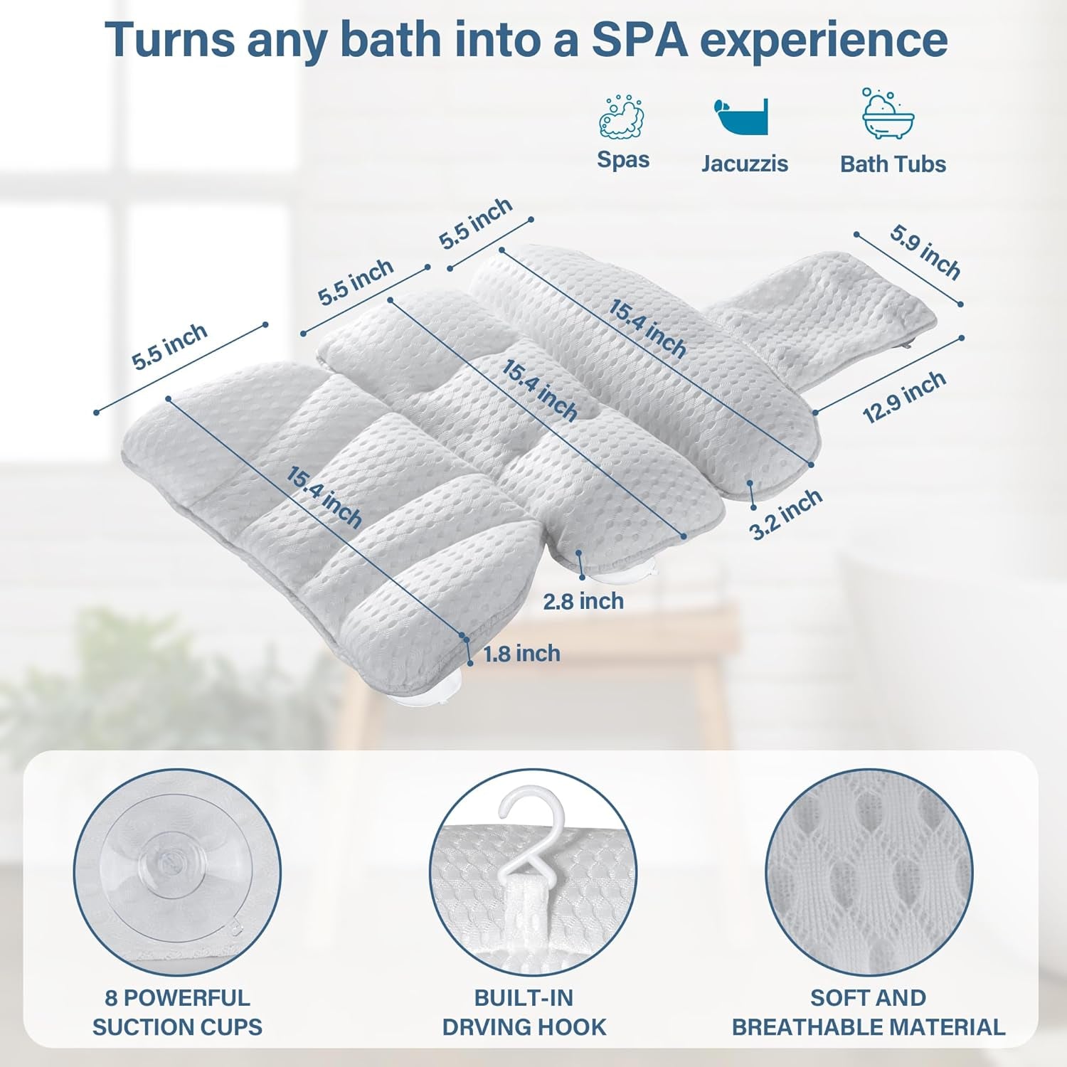 Bath Pillow Bathtub Pillow for Tub Luxury Bath Tub Pillows for Tub Neck and Back Support with 4D Air Mesh Fabric and 8 Strong Powerfull Non-Slip Suction Cups Relaxing Bath Accessories Spa Gifts, White