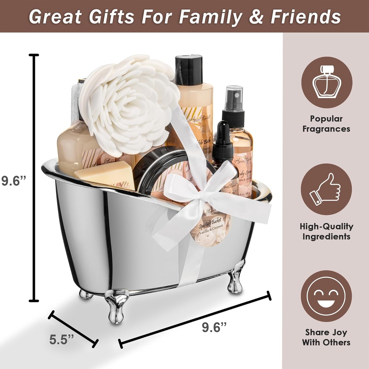 Spa Gift Baskets for Women - Luxury Bath Set with Coconut & Vanilla - Spa Kit Includes Body Wash, Bubble Bath, Lotion, Body Butter, Soap, Body Spray, Shower Puff, and Towel