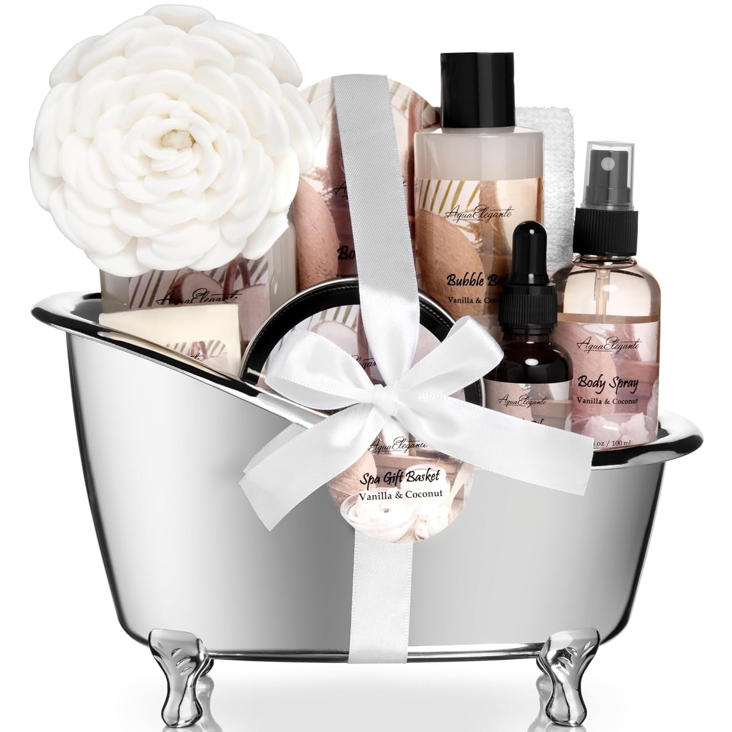 Spa Gift Baskets for Women - Luxury Bath Set with Coconut & Vanilla - Spa Kit Includes Body Wash, Bubble Bath, Lotion, Body Butter, Soap, Body Spray, Shower Puff, and Towel