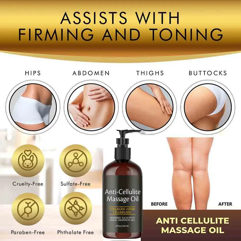 240Ml anti Cellulite Massage Oil Infused with Collagen and Stem Cell Skin Tightening Cellulite Moisturizing Body Essential Oil