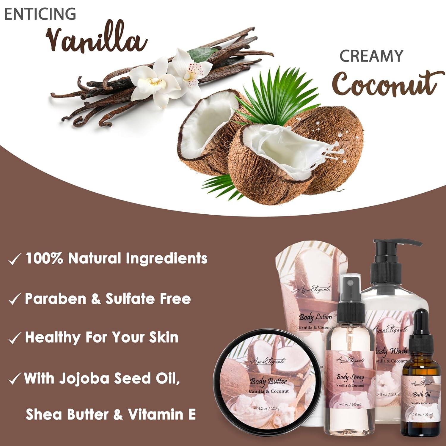 Spa Gift Baskets for Women - Luxury Bath Set with Coconut & Vanilla - Spa Kit Includes Body Wash, Bubble Bath, Lotion, Body Butter, Soap, Body Spray, Shower Puff, and Towel