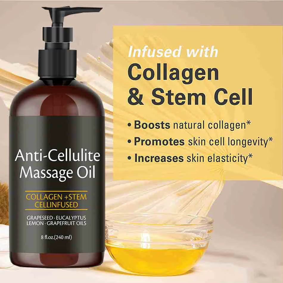 240Ml anti Cellulite Massage Oil Infused with Collagen and Stem Cell Skin Tightening Cellulite Moisturizing Body Essential Oil