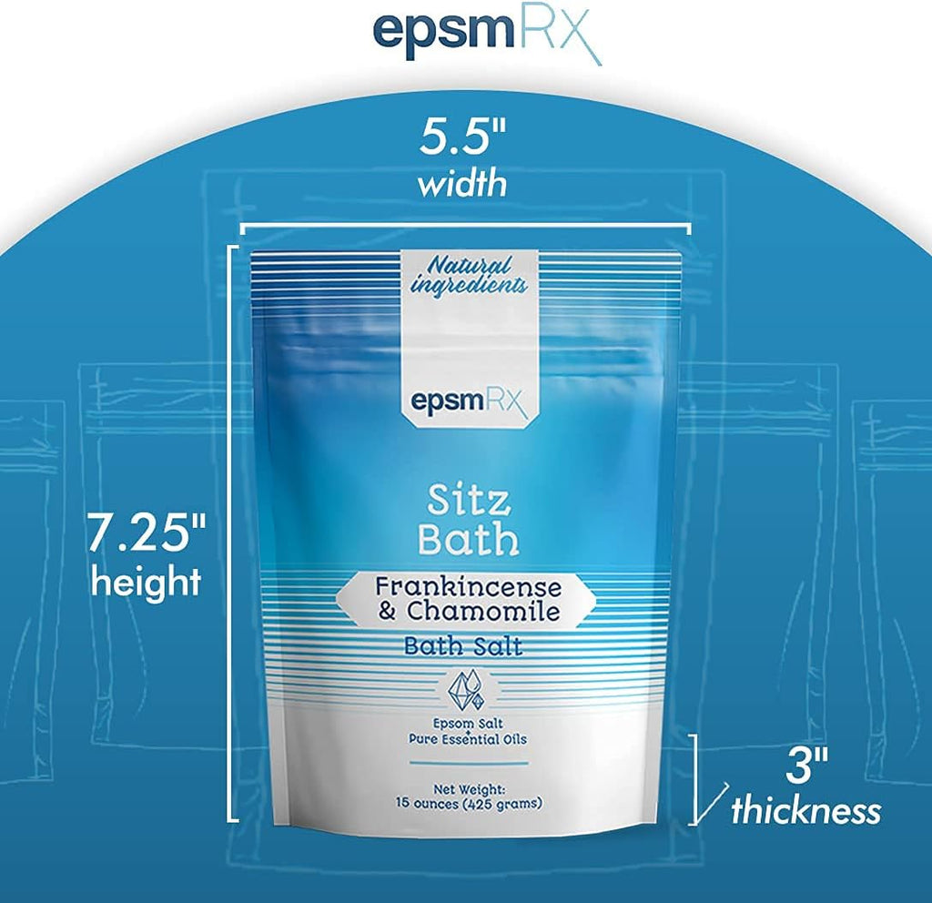 Sitz Bath Salt 15 Ounces Epsom Salt Bath Soak Small Travel Pouch Made with Natural Frankincense and Chamomile Essential Oils Made in USA